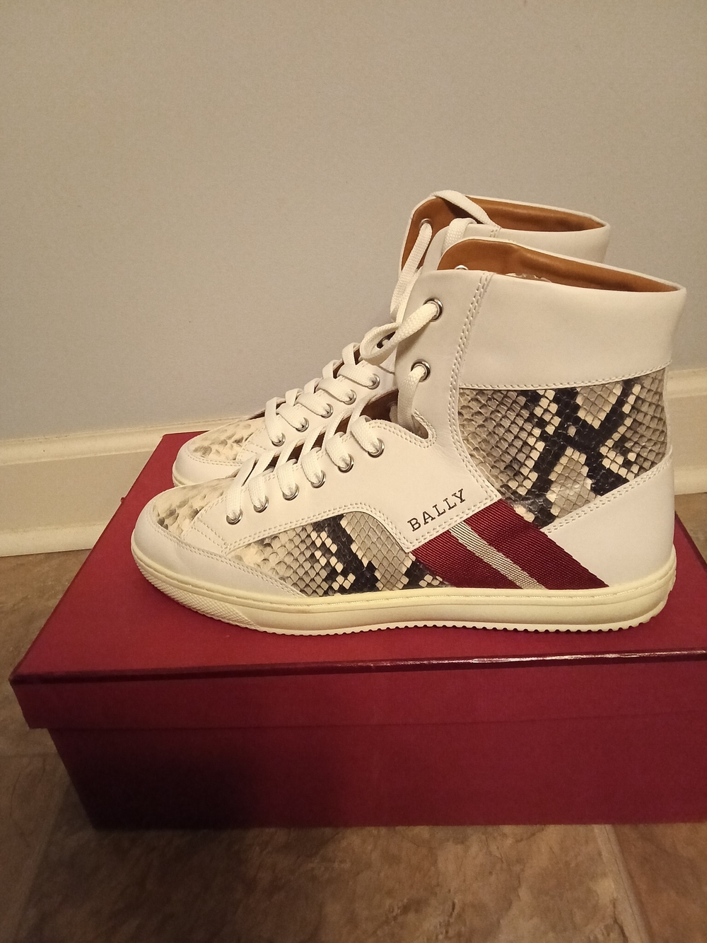 Bally White High-Top Sneakers with Burgundy Stripe and Snakeskin Panels